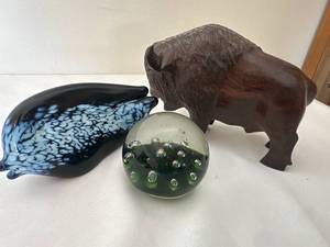 Art Glass Dolphin, Paperweight & Buffalo