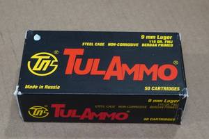 lot 150 image: 50 TulAmmo 9mm Luger 115 Gr FMJ Steel Case Ammo