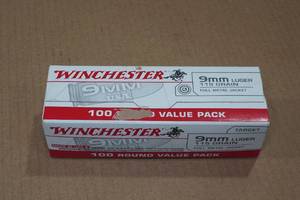 lot 152 image: 100 Winchester 9mm 115 Gr FMJ Ammo