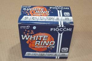 lot 208 image: 25 Fiocchi White Rino 12 Gauge 2-34 8 Shot Shotshells