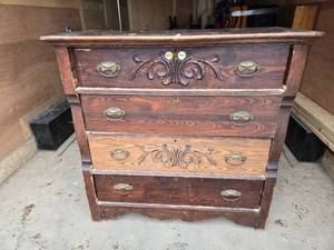 lot 5 image: Antique Wooden Dresser with Carved Details