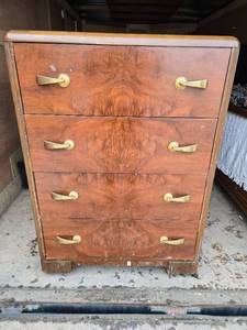 lot 18 image: Vintage Wooden Dresser with Brass Handles Joerns Brothers Furniture Co.