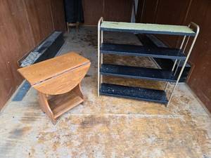 lot 30 image: Vintage Wooden Drop-Leaf Table and Metal Frame Shelving Unit