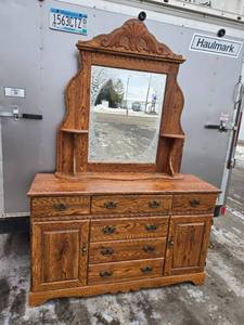 lot 33 image: Vintage Dresser with Mirror and Brass Handles