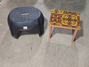lot 59 image: 2 Step Stools - Black Rubber and Vintage Upholstered
