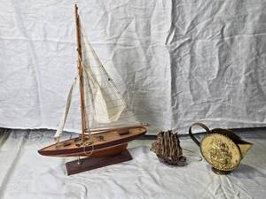 lot 69 image: Model Sailboat, Ship Figurine, and Brass Ship Decor Pitcher