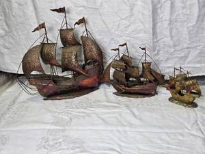 lot 70 image: 3 Vintage Brass Sailing Ship Sculptures