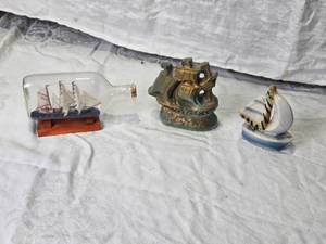 lot 75 image: Nautical Decor Ship in a Bottle, Ceramic Ship, and Vintage Figurine