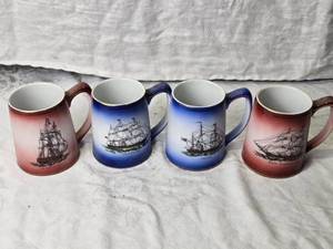 lot 90 image: Set of 4 Nautical Themed Ceramic Mugs with Ship Illustrations