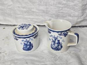lot 92 image: Johnson Brothers Holland Ironstone Creamer and Sugar Bowl Set with Ship Designs