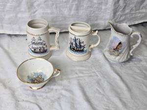 lot 93 image: Vintage Ship Design Mugs, Cup, Creamer