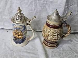 lot 96 image: 2 Vintage Nautical Ceramic Beer Steins with Pewter Lids
