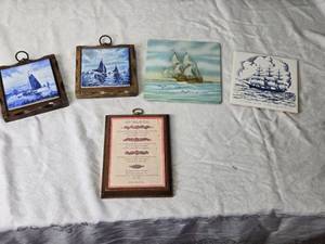 lot 98 image: 4 Nautical Themed Ceramic Tiles and Framed Prayer