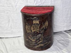 lot 100 image: Vintage Wooden Waste Bin with Ship Carving and Red Top