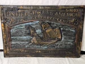 lot 105 image: Handcrafted 1982 Flag Ship of Columbus Wall Plaque by Walter E. Lee, Inc.