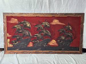 lot 106 image: Large Vintage Drip Oil Painting on Red Velvet - 26 x 48 12