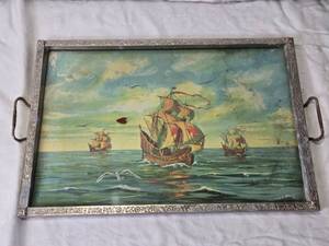 lot 109 image: Vintage Nautical Ship Print Metal Serving Tray