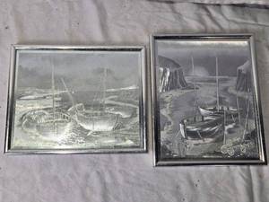 lot 113 image: 2 Vintage Etched Metal Art with Nautical Theme