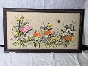 lot 122 image: Framed Floral Needlepoint Artwork with Butterfly 24 12 x 43