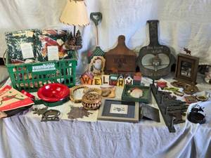 lot 214 image: Variety of  Home Decor Items, Santa, Moose, Metal Moose Door Knocker, WELCOME Blocks and More