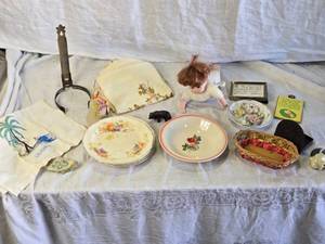 lot 218 image: Vintage Porcelain Plates, Doll, Decorative Plaques, and Linens