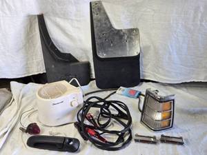 lot 219 image: Assorted Automotive Parts and Accessories Collection, Jumper Cables, Mud Flaps, Fan