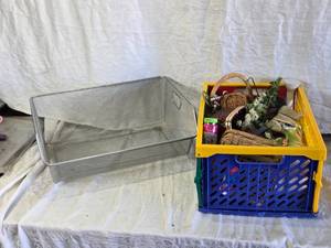 lot 227 image: Wire Basket, Folding Tote full of Small Decor Items