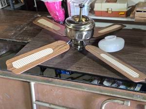 lot 229 image: Brass Ceiling Fan with Wooden Blades and 42-inch Diameter