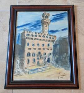 lot 23 image: Framed Palazzo Signoria Florence Italy Watercolor Painting by B. Gray