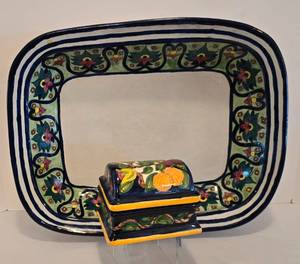 lot 48 image: Colorful Mexican Serving Tray and Covered Dish