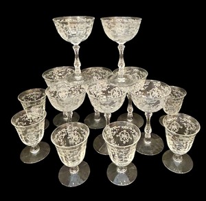 lot 73 image: Vintage 1940s Fostoria Navarre Etched Glass Stemware Champagne Short and Tall Sherbet Glasses