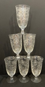 lot 36 image: Vintage Set of Six Etched Glass  Crystal Footed Tumblers