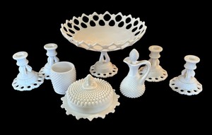 lot 152 image: Marvelous Milk Glass Candle Holders, Compote Dish, Cruet and More