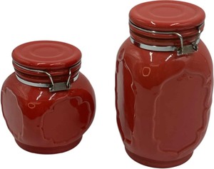lot 99 image: RUSTIC RED AIRTIGHT CERAMIC KITCHEN CANISTERS, SET OF 2