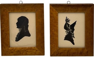 lot 275 image: PAIR OF COLONIAL SILHOUETTE PORTRAITS IN MAPLE FRAMES