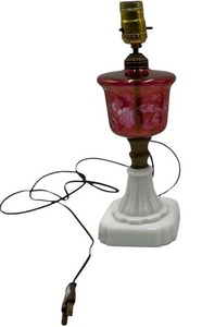 lot 224 image: VINTAGE RUBY REDMARBLE BASE MID-CENTURY CUT TO CLEAR GLASS LAMP, 1 OF 2