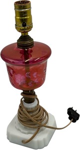 lot 498 image: VINTAGE RUBY REDMARBLE BASE MID-CENTURY CUT TO CLEAR GLASS LAMP, 2 OF 2