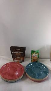 lot 41 image: Set of 14 10 Inch Colored Compartment Plates with Snacks