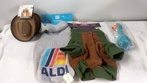 lot 228 image: Dog Apparel and Toy Set with Sweater, Fleece Jacket, Hat, and Plush Bone