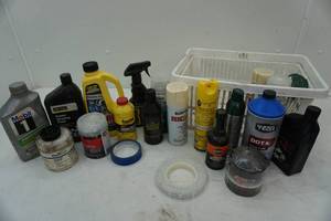 lot 132 image: Car care lot variety of chemicals, oil, tape, polish and more