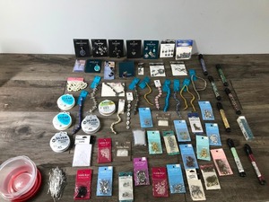 lot 56 image: Lot of Jewelry Making Material and More - Metal - Glass - Natural Agate Beads - fish hook ear wires - earring posts - crimp beads - clasps - jump rings - pendants - charms - silver beading wire  clear stretch cord - earring backs - small bags