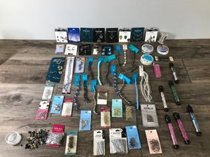 lot 58 image: Lot of Jewelry Making Material & More - Pendants - Charms - Beads Natural Hermatite stone  Glass beads  Metal Beads  Plastic Beads - Clear stretch cord - Silver beading wire - Jump rings - head pins - lobster clasps - earring backs fish hook ear wires