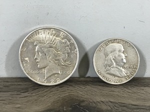 lot 82 image: 1922 Silver Peace Dollar & 1951 Franklin Half Dollar