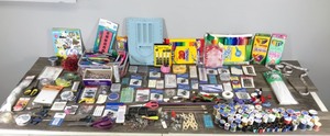 lot 89 image: Lot of Craft Items and More - Sewing Thread - Silver Beading Wire - Sewing Needles - Markers - Knitting Needles - Beads - Scissors - Tape and More