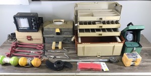 lot 102 image: Lot of Fishing Items - Tackle Boxes - Vintage Fish Locators - Buoy Matkers - Prop - Rod Holder Ground Stakes - Ice Anchors and More