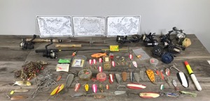lot 105 image: Lot of Fishing Items - Tackle - Reels - Lake Maps - Metal Stringer and more
