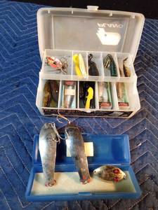 lot 163 image: Plano 3510 tackle box of tackle and another box of 3 spoons