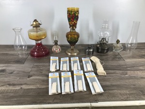lot 116 image: Lot of Kerosene  Oil Lamps  Globes and Lamp Wicks