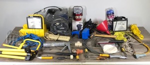 lot 127 image: Lot of Tools and More - Fluke Volt Alert Non Contact Meter - Hammers - Lasko Portable Fan - Flood Lights with Stands - Rope & More