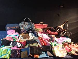 lot 232 image: Tote of purses including Nine West & American Flyer, beaded purses, make-up bags, Billfolds and more